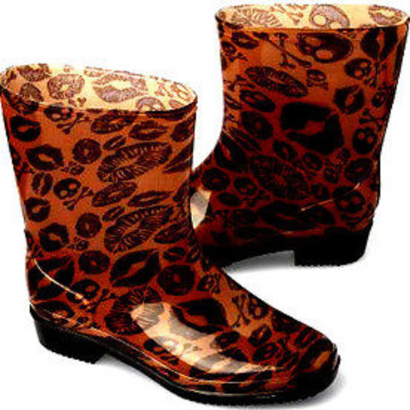 KISS OF DEATH CROP Bootie RAINBOOTS Lip Skull Bone - Picture 3 of 8